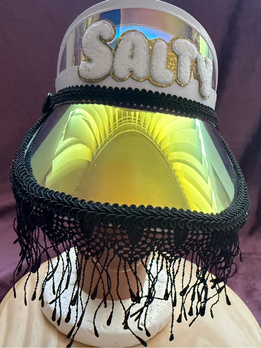 Iridescent 'SALTY' Visor with Black Fringe